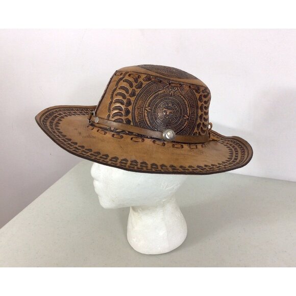 Hand Tooled Leather Cowboy Rancher Hat Western Aztec Style Womens Small - Picture 3 of 8